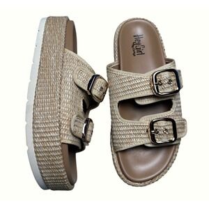 Hey Girl by Corkys No Filter Women 9 Tan Raffia Woven Buckle Platform Slide
